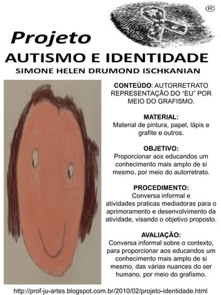 Simone Helen Drumond Ischkanian
CONTEÚDO: AUTORRETRATO
REPRESENTAÇÃO DO “EU” POR
MEIO DO GRAFISMO.
MATERIAL:
Material de pintura, papel, lápis e
grafite e outros.
OBJETIVO:
Proporcionar aos educandos um
conhecimento mais amplo de si
mesmo, por meio do autorretrato.
PROCEDIMENTO:
Conversa informal e
atividades praticas mediadoras para o
aprimoramento e desenvolvimento da
atividade, visando o objetivo proposto.
AVALIAÇÃO:
Conversa informal sobre o contexto,
para proporcionar aos educandos um
conhecimento mais amplo de si
mesmo, das várias nuances do ser
humano, por meio do grafismo.
http://prof-ju-artes.blogspot.com.br/2010/02/projeto-identidade.html

 