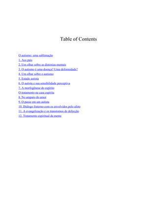 Table of Contents
O autismo: uma sublimação
1. Aos pais
2. Um olhar sobre as distonias mentais
3. O autismo é uma doença? Uma deformidade?
4. Um olhar sobre o autismo
5. Estado autista
6. O autista e sua sensibilidade perceptiva
7. A morfogênese do espírito
O tratamento na casa espírita
8. No amparo do amor
9. O passe em um autista
10. Diálogo fraterno com os envolvidos pelo afeto
11. A evangelização e os transtornos de defecção
12. Tratamento espiritual da mente
𝕮𝖔𝖓𝖋𝖗𝖆𝖗𝖎𝖆 𝖉𝖔𝖘 𝕷𝖎𝖛𝖗𝖔𝖘 𝕭𝖔𝖓𝖘
 