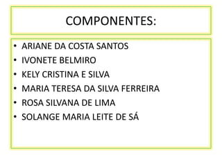 COMPONENTES:
• ARIANE DA COSTA SANTOS
• IVONETE BELMIRO
• KELY CRISTINA E SILVA
• MARIA TERESA DA SILVA FERREIRA
• ROSA SILVANA DE LIMA
• SOLANGE MARIA LEITE DE SÁ
 