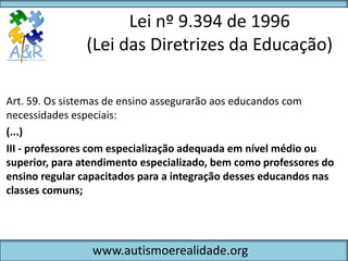 Lei nº 9.394 de 1996
               (Lei das Diretrizes da Educação)

Art. 59. Os sistemas de ensino assegurarão aos educandos com
necessidades especiais:
(...)
III - professores com especialização adequada em nível médio ou
superior, para atendimento especializado, bem como professores do
ensino regular capacitados para a integração desses educandos nas
classes comuns;




                 www.autismoerealidade.org
 