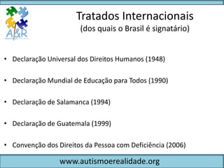 Tratados Internacionais
                       (dos quais o Brasil é signatário)


• Declaração Universal dos Direitos Humanos (1948)

• Declaração Mundial de Educação para Todos (1990)

• Declaração de Salamanca (1994)

• Declaração de Guatemala (1999)

• Convenção dos Direitos da Pessoa com Deficiência (2006)

                 www.autismoerealidade.org
 