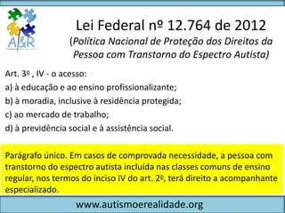 Lei Federal nº 12.764 de 2012
                 (Política Nacional de Proteção dos Direitos da
                  Pessoa com Transtorno do Espectro Autista)
Art. 3o , IV - o acesso:
a) à educação e ao ensino profissionalizante;
b) à moradia, inclusive à residência protegida;
c) ao mercado de trabalho;
d) à previdência social e à assistência social.

Parágrafo único. Em casos de comprovada necessidade, a pessoa com
transtorno do espectro autista incluída nas classes comuns de ensino
regular, nos termos do inciso IV do art. 2o, terá direito a acompanhante
especializado.
                  www.autismoerealidade.org
 
