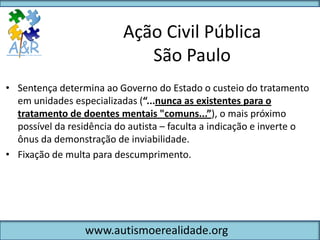 Ação Civil Pública
                             São Paulo
• Sentença determina ao Governo do Estado o custeio do tratamento
  em unidades especializadas (“...nunca as existentes para o
  tratamento de doentes mentais "comuns...”), o mais próximo
  possível da residência do autista – faculta a indicação e inverte o
  ônus da demonstração de inviabilidade.
• Fixação de multa para descumprimento.




                  www.autismoerealidade.org
 