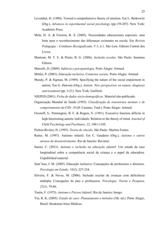 25
Leventhal, H. (1980). Toward a comprehensive theory of emotion. Em L. Berkowitz
(Org.), Advances in experimental social psychology (pp.139-207). New York:
Academic Press.
Melo, H. A. & Ferreira, R. S. (2005). Necessidades educacionais especiais: uma
lente para o reconhecimento das diferenças existentes na escola. Em Revista
Pedagogia - Cotidiano Ressignificado, V.1, n.1. São Luís: Editora Central dos
Livros.
Mantoan, M. T. E. & Prieto, R. G. (2006). Inclusão escolar. São Paulo: Summus
Editora.
Marcelli, D. (2009). Infância e psicopatologia. Porto Alegre: Artmed.
Mittler, P. (2003). Educação inclusiva. Contextos sociais. Porto Alegre: Artmed.
Mundy, P. & Sigman, M. (1989). Specifying the nature of the social impairment in
autism. Em G. Dawson (Org.), Autism: New perspectives on nature, diagnosis
and treatment (pp. 3-21). New York: Guilford.
NIEPED (2001). Ficha de dados sócio-demográficos. Material não-publicado.
Organização Mundial de Saúde (1993). Classificação de transtornos mentais e de
comportamento da CID- 10 (D. Caetano, Trad.). Porto Alegre: Artmed.
Ozonoff, S., Pennington, B. F. & Rogers, S. (1991). Executive function déficits in
high-functioning autistic individuals: Relation to the theory of mind. Journal of
Child Psychology and Psychiatry, 32, 1081-1105.
Pichon-Rivière, H. (1995). Teoria do vínculo. São Paulo: Martins Fontes.
Rutter, M. (1997). Autismo infantil. Em C. Gauderer (Org.), Autismo e outros
atrasos do desenvolvimento. Rio de Janeiro: Revinter.
Sanini, C. (2011). Autismo e inclusão na educação infantil: Um estudo de caso
longitudinal sobre a competência social da criança e o papel da educadora.
Unpublished material.
Sant’Ana, I. M. (2005). Educação inclusiva: Concepções de professores e diretores.
Psicologia em Estudo. 10(2), 227-234.
Silveira, F. & Neves, M. (2006). Inclusão escolar de crianças com deficiência
múltipla: Concepções de pais e professores. Psicologia: Teoria e Pesquisa,
22(1), 79-86.
Tustin, F. (1975). Autismo e Psicose Infantil. Rio de Janeiro: Imago.
Yin, R. K. (2005). Estudo de caso: Planejamento e métodos (3th. ed.). Porto Alegre,
Brasil: Bookman/Artes Médicas.
 