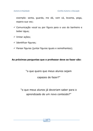 Autismo & Realidade Cartilha Autismo e Educação
33
exemplo: senta, guarda, me dá, vem cá, levanta, pega,
espera sua vez;
Comunicação vocal ou por figura para o uso do banheiro e
beber água;
Imitar ações;
Identificar figuras;
Parear figuras (juntar figuras iguais e semelhantes);
As próximas perguntas que o professor deve se fazer são:
“o que quero que meus alunos sejam
capazes de fazer?”
“o que meus alunos já deveriam saber para o
aprendizado de um novo conteúdo?”
 