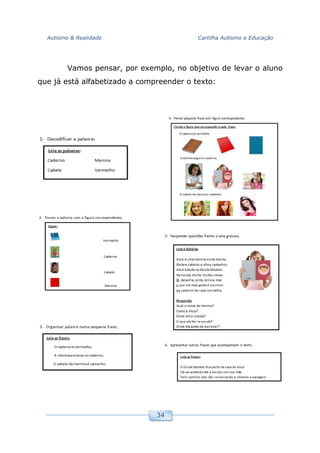 Autismo & Realidade Cartilha Autismo e Educação
34
Vamos pensar, por exemplo, no objetivo de levar o aluno
que já está alfabetizado a compreender o texto:
 