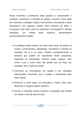 Autismo & Realidade Cartilha Autismo e Educação
49
Nesse momento a professora pode ajudá-lo a compreender o
contexto, reconhecer a emoção do colega e mostrar como pode
ser resolvida a situação (“agora você devolve o brinquedo e pede
desculpas”). Em seguida, mostra outra maneira de obter o
brinquedo (“por favor você me empresta o brinquedo?”). Nessas
situações, um colega pode ajudá-lo, apresentando
comportamentos-modelo.
O professor pode mostrar ao aluno como fazer ao entrar na
escola: cumprimentos, despedidas, reconhecer e nomear as
emoções em si e no outro. Mostrar comportamentos e
atitudes que podem ser agradáveis (fazer perguntas,
responder às solicitações, oferecer ajuda, elogiar), bem
como o que o outro pode não gostar que ele faça, por
exemplo: falar virado de costas.
Incentivar as brincadeiras em duplas e em situações
estruturadas (incentivar que o colega o acompanhe para
beber água).
Ensiná-lo a como seguir as instruções e regras. Para isso,
desenhos e imagens podem ajudá-lo.
Ensinar a imitação motora durante a realização das tarefas
em classe e fora da sala de aula.
 