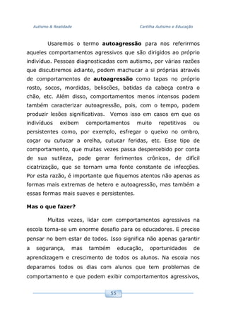Autismo & Realidade Cartilha Autismo e Educação
55
Usaremos o termo autoagressão para nos referirmos
aqueles comportamentos agressivos que são dirigidos ao próprio
indivíduo. Pessoas diagnosticadas com autismo, por várias razões
que discutiremos adiante, podem machucar a si próprias através
de comportamentos de autoagressão como tapas no próprio
rosto, socos, mordidas, beliscões, batidas da cabeça contra o
chão, etc. Além disso, comportamentos menos intensos podem
também caracterizar autoagressão, pois, com o tempo, podem
produzir lesões significativas. Vemos isso em casos em que os
indivíduos exibem comportamentos muito repetitivos ou
persistentes como, por exemplo, esfregar o queixo no ombro,
coçar ou cutucar a orelha, cutucar feridas, etc. Esse tipo de
comportamento, que muitas vezes passa despercebido por conta
de sua sutileza, pode gerar ferimentos crônicos, de difícil
cicatrização, que se tornam uma fonte constante de infecções.
Por esta razão, é importante que fiquemos atentos não apenas as
formas mais extremas de hetero e autoagressão, mas também a
essas formas mais suaves e persistentes.
Mas o que fazer?
Muitas vezes, lidar com comportamentos agressivos na
escola torna-se um enorme desafio para os educadores. E preciso
pensar no bem estar de todos. Isso significa não apenas garantir
a segurança, mas também educação, oportunidades de
aprendizagem e crescimento de todos os alunos. Na escola nos
deparamos todos os dias com alunos que tem problemas de
comportamento e que podem exibir comportamentos agressivos,
 