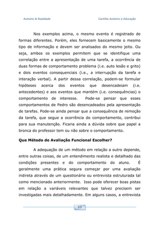 Autismo & Realidade Cartilha Autismo e Educação
69
Nos exemplos acima, o mesmo evento é registrado de
formas diferentes. Porém, eles fornecem basicamente o mesmo
tipo de informação e devem ser analisados do mesmo jeito. Ou
seja, ambos os exemplos permitem que se identifique uma
correlação entre a apresentação de uma tarefa, a ocorrência de
duas formas de comportamento problema (i.e. auto lesão e grito)
e dois eventos consequenciais (i.e., a interrupção da tarefa e
interação verbal). A partir dessa correlação, podem-se formular
hipóteses acerca dos eventos que desencadeiam (i.e.
antecedentes) e aos eventos que mantém (i.e. consequências) o
comportamento de interesse. Pode-se pensar que esses
comportamentos de Pedro são desencadeados pela apresentação
de tarefas. Pode-se ainda pensar que a consequência de remoção
da tarefa, que segue a ocorrência do comportamento, contribui
para sua manutenção. Ficaria ainda a dúvida sobre que papel a
bronca do professor tem ou não sobre o comportamento.
Que Método de Avaliação Funcional Escolher?
A adequação de um método em relação a outro depende,
entre outras coisas, de um entendimento realista e detalhado das
condições presentes e do comportamento do aluno. É
geralmente uma prática segura começar por uma avaliação
indireta através de um questionário ou entrevista estruturada tal
como mencionado anteriormente. Isso pode oferecer boas pistas
em relação a variáveis relevantes que talvez precisem ser
investigadas mais detalhadamente. Em alguns casos, a entrevista
 
