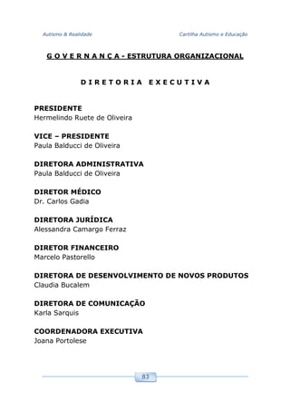 Autismo & Realidade Cartilha Autismo e Educação
83
G O V E R N A N Ç A - ESTRUTURA ORGANIZACIONAL
D I R E T O R I A E X E C U T I V A
PRESIDENTE
Hermelindo Ruete de Oliveira
VICE – PRESIDENTE
Paula Balducci de Oliveira
DIRETORA ADMINISTRATIVA
Paula Balducci de Oliveira
DIRETOR MÉDICO
Dr. Carlos Gadia
DIRETORA JURÍDICA
Alessandra Camargo Ferraz
DIRETOR FINANCEIRO
Marcelo Pastorello
DIRETORA DE DESENVOLVIMENTO DE NOVOS PRODUTOS
Claudia Bucalem
DIRETORA DE COMUNICAÇÃO
Karla Sarquis
COORDENADORA EXECUTIVA
Joana Portolese
 
