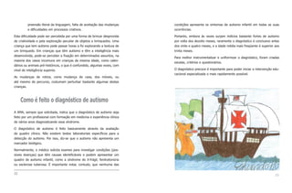 preensão literal da linguagem, falta de aceitação das mudanças    condições apresenta os sintomas de autismo infantil em todas as suas
         e dificuldades em processos criativos.                            ocorrências.

Esta dificuldade pode ser percebida por uma forma de brincar desprovida    Portanto, embora às vezes surjam indícios bastante fortes de autismo
de criatividade e pela exploração peculiar de objetos e brinquedos. Uma    por volta dos dezoito meses, raramente o diagnóstico é conclusivo antes
criança que tem autismo pode passar horas a fio explorando a textura de    dos vinte e quatro meses, e a idade média mais freqüente é superior aos
um brinquedo. Em crianças que têm autismo e têm a inteligência mais        trinta meses.
desenvolvida, pode-se perceber a fixação em determinados assuntos, na
                                                                           Para melhor instrumentalizar e uniformizar o diagnóstico, foram criadas
maioria dos casos incomuns em crianças da mesma idade, como calen-
                                                                           escalas, critérios e questionários.
dários ou animais pré-históricos, o que é confundido, algumas vezes, com
nível de inteligência superior.                                            O diagnóstico precoce é importante para poder iniciar a intervenção edu-
                                                                           cacional especializada o mais rapidamente possível.
As mudanças de rotina, como mudança de casa, dos móveis, ou
até mesmo de percurso, costumam perturbar bastante algumas destas
crianças.



     Como é feito o diagnóstico de autismo
A AMA, sempre que solicitada, indica que o diagnóstico de autismo seja
feito por um profissional com formação em medicina e experiência clínica
de vários anos diagnosticando essa síndrome.

O diagnóstico de autismo é feito basicamente através da avaliação
do quadro clínico. Não existem testes laboratoriais específicos para a
detecção do autismo. Por isso, diz-se que o autismo não apresenta um
marcador biológico.

Normalmente, o médico solicita exames para investigar condições (pos-
síveis doenças) que têm causas identificáveis e podem apresentar um
quadro de autismo infantil, como a síndrome do X-frágil, fenilcetonúria
ou esclerose tuberosa. É importante notar, contudo, que nenhuma das

22                                                                                                                                              23
 