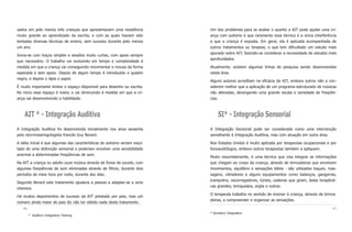 vados em pelo menos três crianças que apresentavam uma resistência           Um dos problemas para se avaliar o quanto a AIT pode ajudar uma cri-
muito grande ao aprendizado da escrita, e com as quais haviam sido           ança com autismo é que raramente essa técnica é a única interferência
tentadas diversas técnicas de ensino, sem sucesso durante pelo menos         a que a criança é exposta. Em geral, ela é aplicada acompanhada de
um ano.                                                                      outros tratamentos ou terapias, o que tem dificultado um estudo mais
                                                                             apurado sobre AIT, fazendo-se considerar a necessidade de estudos mais
Inicia-se com traços simples e sessões muito curtas, com apoio sempre
                                                                             aprofundados.
que necessário. O trabalho vai evoluindo em tempo e complexidade à
medida em que a criança vai conseguindo movimentar o mouse da forma          Atualmente, existem algumas linhas de pesquisa sendo desenvolvidas
esperada e sem apoio. Depois de algum tempo é introduzido o quadro           nesta área.
negro, e depois o lápis e papel.
                                                                             Alguns autores acreditam na eficácia da AIT, embora outros não a con-
É muito importante limitar o espaço disponível para desenho ou escrita.      siderem melhor que a aplicação de um programa estruturado de músicas
No início esse espaço é maior, e vai diminuindo à medida em que a cri-       não alteradas, abrangendo uma grande escala e variedade de freqüên-
ança vai desenvolvendo a habilidade.                                         cias.



    AIT * - Integração Auditiva                                                   SI* - Integração Sensorial
A Integração Auditiva foi desenvolvida inicialmente nos anos sessenta        A Integração Sensorial pode ser considerada como uma intervenção
pelo otorrinolaringologista francês Guy Berard.                              semelhante à Integração Auditiva, mas com atuação em outra área.

A idéia inicial é que algumas das características do autismo seriam resul-   Nos Estados Unidos é muito aplicada por terapeutas ocupacionais e por
tado de uma disfunção sensorial e poderiam envolver uma sensibilidade        fonoaudiólogos, embora outros terapeutas também a apliquem.
anormal a determinadas freqüências de som.
                                                                             Muito resumidamente, é uma técnica que visa integrar as informações
Na AIT a criança ou adulto ouve música através de fones de ouvido, com       que chegam ao corpo da criança, através de brincadeiras que envolvem
algumas freqüências de som eliminadas através de filtros, durante dois       movimentos, equilíbrio e sensações táteis - são utilizados toques, mas-
períodos de meia hora por noite, durante dez dias.                           sagens, vibradores e alguns equipamentos como balanços, gangorras,
                                                                             trampolins, escorregadores, túneis, cadeiras que giram, bolas terapêuti-
Segundo Berard este tratamento ajudaria a pessoa a adaptar-se a sons
                                                                             cas grandes, brinquedos, argila e outros.
intensos.
                                                                             O terapeuta trabalha no sentido de ensinar à criança, através de brinca-
Há muitos depoimentos de sucesso da AIT prestado por pais, mas um
                                                                             deiras, a compreender e organizar as sensações.
número ainda maior de pais diz não ter obtido nada deste tratamento.
   46                                                                                                                                             47
                                                                             * Sensitory Integration
        * Auditory Integration Training
 