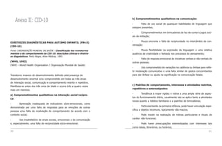 Anexo II: CID-10                                                       b) Comprometimentos qualitativos na comunicação:

                                                                            -      Falta de uso social de quaisquer habilidades de linguagem que
                                                                            estejam presentes;

                                                                            -       Comprometimentos em brincadeiras de faz-de-conta e jogos soci-
                                                                            ais de imitação;

                                                                            -       Pouca sincronia e falta de reciprocidade no intercâmbio de con-
DIRETRIZES DIAGNÓSTICAS PARA AUTISMO INFANTIL (F84.0)
                                                                            versação;
(CID-10)
Fonte: ORGANIZAÇÃO MUNDIAL DE SAÚDE - Classificação dos transtornos         -       Pouca flexibilidade na expressão da linguagem e uma relativa
mentais e de comportamento da CID-10: descrições clínicas e diretriz-       ausência de criatividade e fantasia nos processos de pensamento;
es diagnósticas. Porto Alegre, Artes Médicas, 1993.
                                                                            -       Falta de resposta emocional às iniciativas verbais e não-verbais de
(WHO, 1992)                                                                 outras pessoas;
(WHO - World Health Organization / Organização Mundial de Saúde)
                                                                            -       Uso comprometido de variações na cadência ou ênfase para refle-
                                                                            tir modulação comunicativa e uma falta similar de gestos concomitantes
Transtorno invasivo do desenvolvimento definido pela presença de            para dar ênfase ou ajuda na significação na comunicação falada.
desenvolvimento anormal e/ou comprometido em todas as três áreas
de interação social, comunicação e comportamento restrito e repetitivo.
                                                                            c) Padrões de comportamento, interesses e atividades restritos,
Manifesta-se antes dos três anos de idade e ocorre três a quatro vezes
                                                                            repetitivos e estereotipados:
mais em meninos.
                                                                            -       Tendência a impor rigidez e rotina a uma ampla série de aspec-
a) Comprometimentos qualitativos na interação social recípro-
                                                                            tos do funcionamento diário, usualmente isto se aplica tanto a atividades
ca:
                                                                            novas quanto a hábitos familiares e a padrões de brincadeiras;
-       Apreciação inadequada de indicadores sócio-emocionais, como
                                                                            -        Particularmente na primeira infância, pode haver vinculação espe-
demonstrada por uma falta de respostas para as emoções de outras
                                                                            cífica a objetos incomuns, tipicamente não-macios;
pessoas e/ou falta de modulação do comportamento de acordo com o
contexto social;                                                            -       Pode insistir na realização de rotinas particulares e rituais de
                                                                            caráter não-funcional;
-       Uso insatisfatório de sinais sociais, emocionais e de comunicação
e, especialmente, uma falta de reciprocidade sócio-emocional;               -      Pode haver preocupações estereotipadas com interesses tais
                                                                            como datas, itinerários, ou horários;
60                                                                                                                                                  61
 