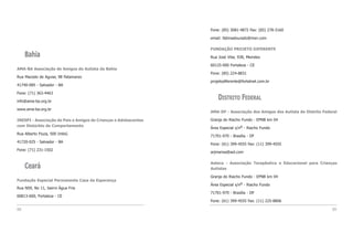 Fone: (85) 3081-4872 Fax: (85) 278-3160

                                                                  email: fatimadourado@msn.com

                                                                  FUNDAÇÃO PROJETO DIFERENTE
     Bahia                                                        Rua José Vilar, 938, Meireles

                                                                  60125-000 Fortaleza - CE
AMA-BA Associação de Amigos do Autista da Bahia
                                                                  Fone: (85) 224-8831
Rua Macedo de Aguiar, 98 Patamares
                                                                  projetodiferente@fortalnet.com.br
41740-085 - Salvador - BA

Fone: (71) 363-4463

info@ama-ba.org.br
                                                                      DISTRITO FEDERAL
www.ama-ba.org.br
                                                                  AMA-DF - Associação dos Amigos dos Autista do Distrito Federal

INESPI - Associação de Pais e Amigos de Crianças e Adolescentes   Granja do Riacho Fundo - EPNB km 04
com Distúrbio de Comportamento
                                                                  Área Especial s/no - Riacho Fundo
Rua Alberto Fiuza, 500 Imbiú
                                                                  71701-970 - Brasília - DF
41720-025 - Salvador - BA
                                                                  Fone: (61) 399-4555 Fax: (11) 399-4555
Fone: (71) 231-1502
                                                                  arjmarisa@aol.com

                                                                  Asteca - Associação Terapêutica e Educacional para Crianças
     Ceará                                                        Autistas

                                                                  Granja do Riacho Fundo - EPNB km 04
Fundação Especial Permanente Casa da Esperança
                                                                  Área Especial s/no - Riacho Fundo
Rua NS9, No 11, bairro Água Fria
                                                                  71701-970 - Brasília - DF
60813-660, Fortaleza - CE
                                                                  Fone: (61) 399-4555 Fax: (11) 225-8806

88                                                                                                                           89
 