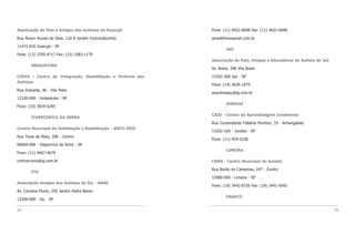 Assoicação de Pais e Amigos dos Autistas do Guarujá          Fone: (11) 4022-6698 Fax: (11) 4022-6698

Rua Álvaro Nunes da Silva, 110 B Jardim Conceiçãozinha       amai@thewaynet.com.br

11472-010 Guarujá - SP
                                                                     JAÚ
Fone: (13) 3355-4717 Fax: (13) 3383-1179
                                                             Associação de Pais, Amigos e Educadores do Autista de Jaú
        INDAIATUBA
                                                             Av. Brasil, 206 Vila Brasil

CIRVA - Centro de Integração, Reabilitação e Vivência dos    17202-300 Jaú - SP
Autistas
                                                             Fone: (14) 3626-1079
Rua Granada, 46 - Vila Teles
                                                             eeautistajau@ig.com.br
13330-000 - Indaiatuba - SP
                                                                     JUNDIAÍ
Fone: (19) 3834-6295

                                                             CAJU - Centro de Aprendizagem Jundaiense
        ITAPECERICA DA SERRA
                                                             Rua Comandante Fidelmo Munhoz, 33 - Anhangabaú
Centro Municipal de Habilitação e Reabilitação - ARCO-ÍRIS
                                                             13202-160 - Jundiaí - SP
Rua Treze de Maio, 206 - Centro
                                                             Fone: (11) 434-5338
06850-000 - Itapecirica da Serra - SP
                                                                     LIMEIRA
Fone: (11) 4667-4679

cmhrarcoiris@ig.com.br                                       CEMA - Centro Municipal do Autista

                                                             Rua Barão de Campinas, 247 - Centro
        ITU
                                                             13480-000 - Limeira - SP
Associação Amigos dos Autistas de Itu - AMAI
                                                             Fone: (19) 3442-8726 Fax: (19) 3441-5042
Av. Carolina Piunti, 250 Jardim Padre Bento
                                                                     OSASCO
13300-000 - Itu - SP

98                                                                                                                       99
 