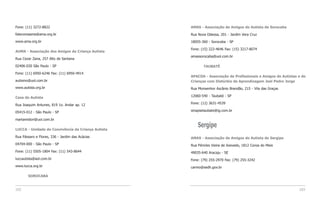 Fone: (11) 3272-8822                                AMAS - Associação de Amigos do Autista de Sorocaba

falecomaama@ama.org.br                              Rua Nova Odessa, 201 - Jardim Vera Cruz
www.ama.org.br                                      18055-360 - Sorocaba - SP

                                                    Fone: (15) 222-4646 Fax: (15) 3217-8074
AUMA - Associação dos Amigos da Criança Autista
                                                    amassorocaba@uol.com.br
Rua Cezar Zana, 257 Alto de Santana

02406-030 São Paulo - SP                                   TAUBATÉ
Fone: (11) 6950-6246 Fax: (11) 6950-4914
                                                    APACDA - Associação de Profissionais e Amigos de Autistas e de
autismo@uol.com.br                                  Crianças com Distúrbio de Aprendizagem Joel Pedro Jorge
www.autista.org.br                                  Rua Monsenhor Ascânio Brandão, 215 - Vila das Graças

Casa do Autista                                     12060-540 - Taubaté - SP

Rua Joaquim Antunes, 819 1o. Andar ap. 12           Fone: (12) 3631-4539

05415-012 - São Paulo - SP                          sinapsetaubate@ig.com.br

martamidori@uol.com.br

LUCCA - Unidade de Convivência da Criança Autista
                                                        Sergipe
Rua Pássaro e Flores, 336 - Jardim das Acácias      AMAS - Associação de Amigos do Autista de Sergipe
04704-000 - São Paulo - SP                          Rua Péricles Vieira de Azevedo, 1812 Coroa do Meio
Fone: (11) 5505-1804 Fax: (11) 543-8644             49035-640 Aracaju - SE
luccautista@aol.com.br                              Fone: (79) 255-2970 Fax: (79) 255-3242
www.lucca.org.br                                    carmo@sedh.gov.br

       SOROCABA


102                                                                                                           103
 