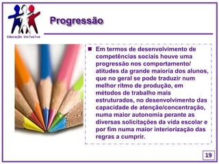 Educação InclusivaCompetênciasNo final da intervenção, o aluno tinha adquirido as competências propostas, conseguindo ler todas as palavras de um texto para o seu nível escolar, bem como copiar um texto sem omitir palavras e participar nas actividades desenvolvidas na sala de aula..16