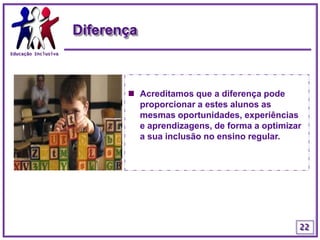 Educação InclusivaProgressãoEm termos de desenvolvimento de competências sociais houve uma progressão nos comportamento/ atitudes da grande maioria dos alunos, que no geral se pode traduzir num melhor ritmo de produção, em métodos de trabalho mais estruturados, no desenvolvimento das capacidade de atenção/concentração, numa maior autonomia perante as diversas solicitações da vida escolar e por fim numa maior interiorização das regras a cumprir.19