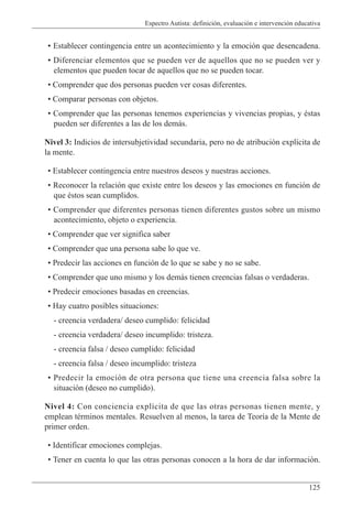 Espectro Autista: definición, evaluación e intervención educativa
125
• Establecer contingencia entre un acontecimiento y la emoción que desencadena.
• Diferenciar elementos que se pueden ver de aquellos que no se pueden ver y
elementos que pueden tocar de aquellos que no se pueden tocar.
• Comprender que dos personas pueden ver cosas diferentes.
• Comparar personas con objetos.
• Comprender que las personas tenemos experiencias y vivencias propias, y éstas
pueden ser diferentes a las de los demás.
Nivel 3: Indicios de intersubjetividad secundaria, pero no de atribución explícita de
la mente.
• Establecer contingencia entre nuestros deseos y nuestras acciones.
• Reconocer la relación que existe entre los deseos y las emociones en función de
que éstos sean cumplidos.
• Comprender que diferentes personas tienen diferentes gustos sobre un mismo
acontecimiento, objeto o experiencia.
• Comprender que ver significa saber
• Comprender que una persona sabe lo que ve.
• Predecir las acciones en función de lo que se sabe y no se sabe.
• Comprender que uno mismo y los demás tienen creencias falsas o verdaderas.
• Predecir emociones basadas en creencias.
• Hay cuatro posibles situaciones:
- creencia verdadera/ deseo cumplido: felicidad
- creencia verdadera/ deseo incumplido: tristeza.
- creencia falsa / deseo cumplido: felicidad
- creencia falsa / deseo incumplido: tristeza
• Predecir la emoción de otra persona que tiene una creencia falsa sobre la
situación (deseo no cumplido).
Nivel 4: Con conciencia explícita de que las otras personas tienen mente, y
emplean términos mentales. Resuelven al menos, la tarea de Teoría de la Mente de
primer orden.
• Identificar emociones complejas.
• Tener en cuenta lo que las otras personas conocen a la hora de dar información.
 