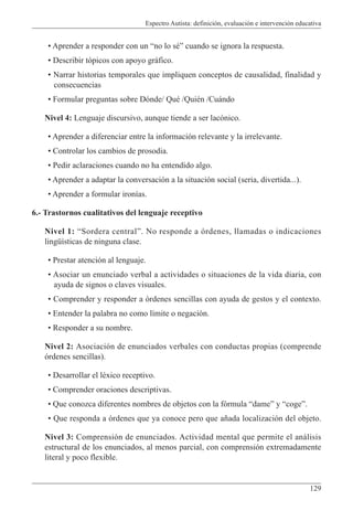 Espectro Autista: definición, evaluación e intervención educativa
129
• Aprender a responder con un “no lo sé” cuando se ignora la respuesta.
• Describir tópicos con apoyo gráfico.
• Narrar historias temporales que impliquen conceptos de causalidad, finalidad y
consecuencias
• Formular preguntas sobre Dónde/ Qué /Quién /Cuándo
Nivel 4: Lenguaje discursivo, aunque tiende a ser lacónico.
• Aprender a diferenciar entre la información relevante y la irrelevante.
• Controlar los cambios de prosodia.
• Pedir aclaraciones cuando no ha entendido algo.
• Aprender a adaptar la conversación a la situación social (seria, divertida...).
• Aprender a formular ironías.
6.- Trastornos cualitativos del lenguaje receptivo
Nivel 1: “Sordera central”. No responde a órdenes, llamadas o indicaciones
lingüísticas de ninguna clase.
• Prestar atención al lenguaje.
• Asociar un enunciado verbal a actividades o situaciones de la vida diaria, con
ayuda de signos o claves visuales.
• Comprender y responder a órdenes sencillas con ayuda de gestos y el contexto.
• Entender la palabra no como límite o negación.
• Responder a su nombre.
Nivel 2: Asociación de enunciados verbales con conductas propias (comprende
órdenes sencillas).
• Desarrollar el léxico receptivo.
• Comprender oraciones descriptivas.
• Que conozca diferentes nombres de objetos con la fórmula “dame” y “coge”.
• Que responda a órdenes que ya conoce pero que añada localización del objeto.
Nivel 3: Comprensión de enunciados. Actividad mental que permite el análisis
estructural de los enunciados, al menos parcial, con comprensión extremadamente
literal y poco flexible.
 
