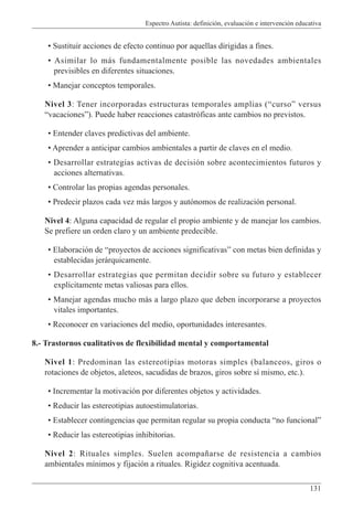 Espectro Autista: definición, evaluación e intervención educativa
131
• Sustituir acciones de efecto continuo por aquellas dirigidas a fines.
• Asimilar lo más fundamentalmente posible las novedades ambientales
previsibles en diferentes situaciones.
• Manejar conceptos temporales.
Nivel 3: Tener incorporadas estructuras temporales amplias (“curso” versus
“vacaciones”). Puede haber reacciones catastróficas ante cambios no previstos.
• Entender claves predictivas del ambiente.
• Aprender a anticipar cambios ambientales a partir de claves en el medio.
• Desarrollar estrategias activas de decisión sobre acontecimientos futuros y
acciones alternativas.
• Controlar las propias agendas personales.
• Predecir plazos cada vez más largos y autónomos de realización personal.
Nivel 4: Alguna capacidad de regular el propio ambiente y de manejar los cambios.
Se prefiere un orden claro y un ambiente predecible.
• Elaboración de “proyectos de acciones significativas” con metas bien definidas y
establecidas jerárquicamente.
• Desarrollar estrategias que permitan decidir sobre su futuro y establecer
explícitamente metas valiosas para ellos.
• Manejar agendas mucho más a largo plazo que deben incorporarse a proyectos
vitales importantes.
• Reconocer en variaciones del medio, oportunidades interesantes.
8.- Trastornos cualitativos de flexibilidad mental y comportamental
Nivel 1: Predominan las estereotipias motoras simples (balanceos, giros o
rotaciones de objetos, aleteos, sacudidas de brazos, giros sobre sí mismo, etc.).
• Incrementar la motivación por diferentes objetos y actividades.
• Reducir las estereotipias autoestimulatorias.
• Establecer contingencias que permitan regular su propia conducta “no funcional”
• Reducir las estereotipias inhibitorias.
Nivel 2: Rituales simples. Suelen acompañarse de resistencia a cambios
ambientales mínimos y fijación a rituales. Rigidez cognitiva acentuada.
 
