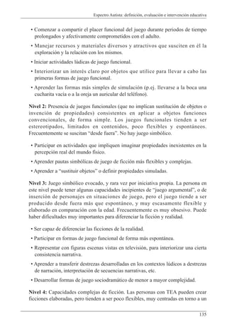 Espectro Autista: definición, evaluación e intervención educativa
135
• Comenzar a compartir el placer funcional del juego durante periodos de tiempo
prolongados y afectivamente comprometidos con el adulto.
• Manejar recursos y materiales diversos y atractivos que susciten en él la
exploración y la relación con los mismos.
• Iniciar actividades lúdicas de juego funcional.
• Interiorizar un interés claro por objetos que utilice para llevar a cabo las
primeras formas de juego funcional.
• Aprender las formas más simples de simulación (p.ej. llevarse a la boca una
cucharita vacía o a la oreja un auricular del teléfono).
Nivel 2: Presencia de juegos funcionales (que no implican sustitución de objetos o
invención de propiedades) consistentes en aplicar a objetos funciones
convencionales, de forma simple. Los juegos funcionales tienden a ser
estereotipados, limitados en contenidos, poco flexibles y espontáneos.
Frecuentemente se suscitan “desde fuera”. No hay juego simbólico.
• Participar en actividades que impliquen imaginar propiedades inexistentes en la
percepción real del mundo físico.
• Aprender pautas simbólicas de juego de ficción más flexibles y complejas.
• Aprender a “sustituir objetos” o definir propiedades simuladas.
Nivel 3: Juego simbólico evocado, y rara vez por iniciativa propia. La persona en
este nivel puede tener algunas capacidades incipientes de “juego argumental”, o de
inserción de personajes en situaciones de juego, pero el juego tiende a ser
producido desde fuera más que espontáneo, y muy escasamente flexible y
elaborado en comparación con la edad. Frecuentemente es muy obsesivo. Puede
haber dificultades muy importantes para diferenciar la ficción y realidad.
• Ser capaz de diferenciar las ficciones de la realidad.
• Participar en formas de juego funcional de forma más espontánea.
• Representar con figuras escenas vistas en televisión, para interiorizar una cierta
consistencia narrativa.
• Aprender a transferir destrezas desarrolladas en los contextos lúdicos a destrezas
de narración, interpretación de secuencias narrativas, etc.
• Desarrollar formas de juego sociodramático de menor a mayor complejidad.
Nivel 4: Capacidades complejas de ficción. Las personas con TEA pueden crear
ficciones elaboradas, pero tienden a ser poco flexibles, muy centradas en torno a un
 