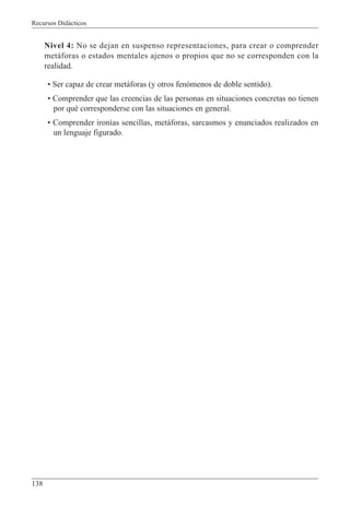 Recursos Didácticos
138
Nivel 4: No se dejan en suspenso representaciones, para crear o comprender
metáforas o estados mentales ajenos o propios que no se corresponden con la
realidad.
• Ser capaz de crear metáforas (y otros fenómenos de doble sentido).
• Comprender que las creencias de las personas en situaciones concretas no tienen
por qué corresponderse con las situaciones en general.
• Comprender ironías sencillas, metáforas, sarcasmos y enunciados realizados en
un lenguaje figurado.
 