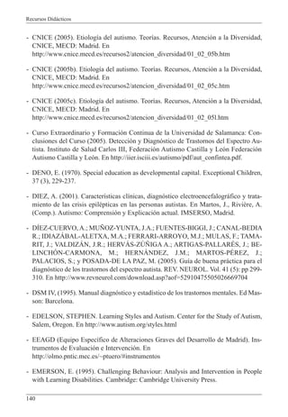 Recursos Didácticos
140
- CNICE (2005). Etiología del autismo. Teorías. Recursos, Atención a la Diversidad,
CNICE, MECD: Madrid. En
http://www.cnice.mecd.es/recursos2/atencion_diversidad/01_02_05b.htm
- CNICE (2005b). Etiología del autismo. Teorías. Recursos, Atención a la Diversidad,
CNICE, MECD: Madrid. En
http://www.cnice.mecd.es/recursos2/atencion_diversidad/01_02_05c.htm
- CNICE (2005c). Etiología del autismo. Teorías. Recursos, Atención a la Diversidad,
CNICE, MECD: Madrid. En
http://www.cnice.mecd.es/recursos2/atencion_diversidad/01_02_05l.htm
- Curso Extraordinario y Formación Continua de la Universidad de Salamanca: Con-
clusiones del Curso (2005). Detección y Diagnóstico de Trastornos del Espectro Au-
tista. Instituto de Salud Carlos III, Federación Autismo Castilla y León Federación
Autismo Castilla y León. En http://iier.isciii.es/autismo/pdf/aut_confintea.pdf.
- DENO, E. (1970). Special education as developmental capital. Exceptional Children,
37 (3), 229-237.
- DIEZ, A. (2001). Características clínicas, diagnóstico electroencefalográfico y trata-
miento de las crisis epilépticas en las personas autistas. En Martos, J., Rivière, A.
(Comp.). Autismo: Comprensión y Explicación actual. IMSERSO, Madrid.
- DÍEZ-CUERVO, A.; MUÑOZ-YUNTA, J.A.; FUENTES-BIGGI, J.; CANAL-BEDIA
R.; IDIAZÁBAL-ALETXA, M.A.; FERRARI-ARROYO, M.J.; MULAS, F.; TAMA-
RIT, J.; VALDIZÁN, J.R.; HERVÁS-ZÚÑIGA A.; ARTIGAS-PALLARÉS, J.; BE-
LINCHÓN-CARMONA, M.; HERNÁNDEZ, J.M.; MARTOS-PÉREZ, J.;
PALACIOS, S.; y POSADA-DE LA PAZ, M. (2005). Guía de buena práctica para el
diagnóstico de los trastornos del espectro autista. REV. NEUROL. Vol. 41 (5): pp 299-
310. En http://www.revneurol.com/download.asp?aof=52910475505026669704
- DSM IV, (1995). Manual diagnóstico y estadístico de los trastornos mentales. Ed Mas-
son: Barcelona.
- EDELSON, STEPHEN. Learning Styles and Autism. Center for the Study of Autism,
Salem, Oregon. En http://www.autism.org/styles.html
- EEAGD (Equipo Específico de Alteraciones Graves del Desarrollo de Madrid). Ins-
trumentos de Evaluación e Intervención. En
http://olmo.pntic.mec.es/~ptuero/#instrumentos
- EMERSON, E. (1995). Challenging Behaviour: Analysis and Intervention in People
with Learning Disabilities. Cambridge: Cambridge University Press.
 