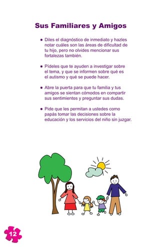 Sus Familiares y Amigos
       Diles el diagnóstico de inmediato y hazles
       notar cuáles son las áreas de dificultad de
       tu hijo, pero no olvides mencionar sus
       fortalezas también.

       Pídeles que te ayuden a investigar sobre
       el tema, y que se informen sobre qué es
       el autismo y qué se puede hacer.

       Abre la puerta para que tu familia y tus
       amigos se sientan cómodos en compartir
       sus sentimientos y preguntar sus dudas.

       Pide que les permitan a ustedes como
       papás tomar las decisiones sobre la
       educación y los servicios del niño sin juzgar.




12
 