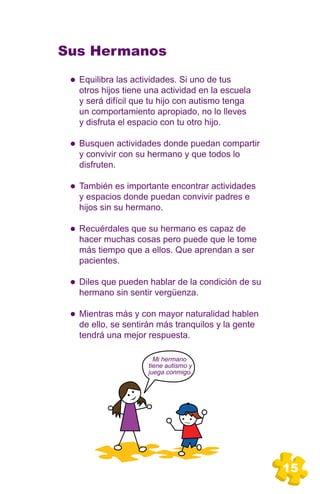 Sus Hermanos
  Equilibra las actividades. Si uno de tus
  otros hijos tiene una actividad en la escuela
  y será difícil que tu hijo con autismo tenga
  un comportamiento apropiado, no lo lleves
  y disfruta el espacio con tu otro hijo.

  Busquen actividades donde puedan compartir
  y convivir con su hermano y que todos lo
  disfruten.

  También es importante encontrar actividades
  y espacios donde puedan convivir padres e
  hijos sin su hermano.

  Recuérdales que su hermano es capaz de
  hacer muchas cosas pero puede que le tome
  más tiempo que a ellos. Que aprendan a ser
  pacientes.

  Diles que pueden hablar de la condición de su
  hermano sin sentir vergüenza.

  Mientras más y con mayor naturalidad hablen
  de ello, se sentirán más tranquilos y la gente
  tendrá una mejor respuesta.

                      Mi hermano
                    tiene autismo y
                    juega conmigo.




                                                   15
 