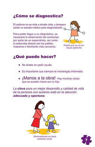 ¿Cómo se diagnostica?
    El autismo no se nota a simple vista, y tampoco
    existe un estudio médico para diagnosticarlo.

    Para poder llegar a un diagnóstico, es
    necesaria la observación de conductas
    por parte de un especialista, así como
    la entrevista directa con los padres,
                                                 Puede que se ría sin
    maestros o familiares más cercanos.            causa aparente.



    ¿Qué puedo hacer?
           No dudes en pedir ayuda.
6          Es importante que siempre te mantengas informado.

           ¡Manos a la obra!            Hay muchas cosas
           que se pueden hacer por tu hijo.

    La clave para un mejor desarrollo y calidad de vida
    de la persona con autismo está en la atención
    adecuada y oportuna.




                      Generalmente no hace
                         contacto visual.
                                                                        7
 