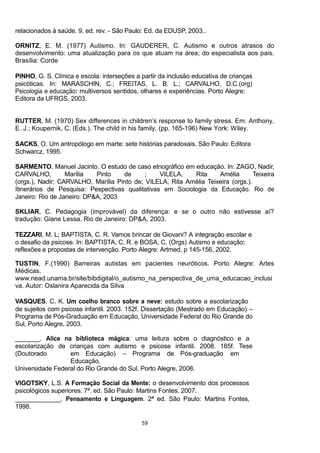59
-
ORNITZ, E. M. (1977) Autismo. In: GAUDERER, C. Autismo e outros atrasos do
desenvolvimento: uma atualização para os que atuam na área; do especialista aos pais.
Brasília: Corde
RUTTER
E. J.; Koupernik, C. (Eds.). The child in his family. (pp. 165-196) New York: Wiley.
SKLIAR, C. Pedagogia (improvável) da diferença: e se o outro não estivesse aí?
tradução: Giane Lessa. Rio de Janeiro: DP&A, 2003.
-
TUSTIN, F.(1990) Barreiras autistas em pacientes neuróticos. Porto Alegre: Artes
Médicas.
www.nead.unama.br/site/bibdigital/o_autismo_na_perspectiva_de_uma_educacao_inclusi
va. Autor: Oslanira Aparecida da Silva
-
-
 