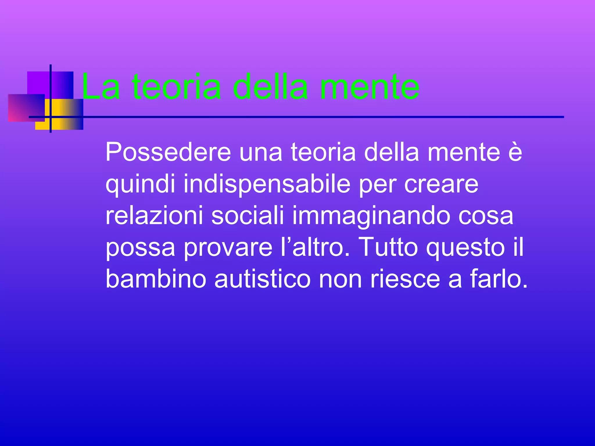 La teoria della mente
Possedere una teoria della mente è
quindi indispensabile per creare
relazioni sociali immaginando cosa
possa provare l’altro. Tutto questo il
bambino autistico non riesce a farlo.

 