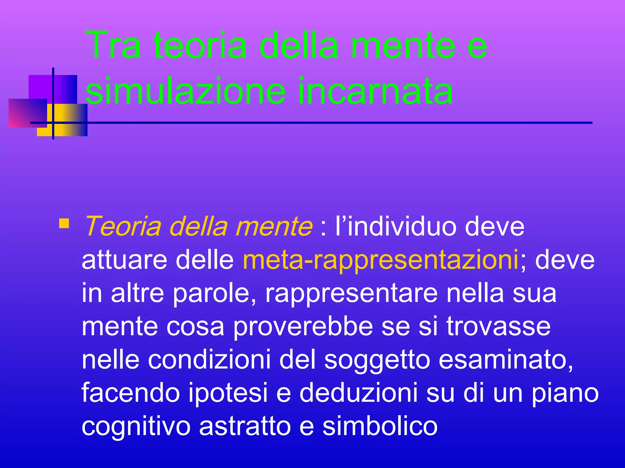 Tra teoria della mente e
simulazione incarnata



Teoria della mente : l’individuo deve
attuare delle meta-rappresentazioni; deve
in altre parole, rappresentare nella sua
mente cosa proverebbe se si trovasse
nelle condizioni del soggetto esaminato,
facendo ipotesi e deduzioni su di un piano
cognitivo astratto e simbolico

 
