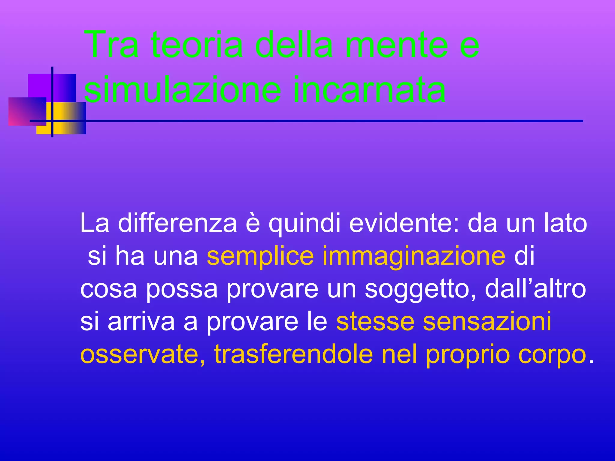 Tra teoria della mente e
simulazione incarnata
La differenza è quindi evidente: da un lato
si ha una semplice immaginazione di
cosa possa provare un soggetto, dall’altro
si arriva a provare le stesse sensazioni
osservate, trasferendole nel proprio corpo.

 