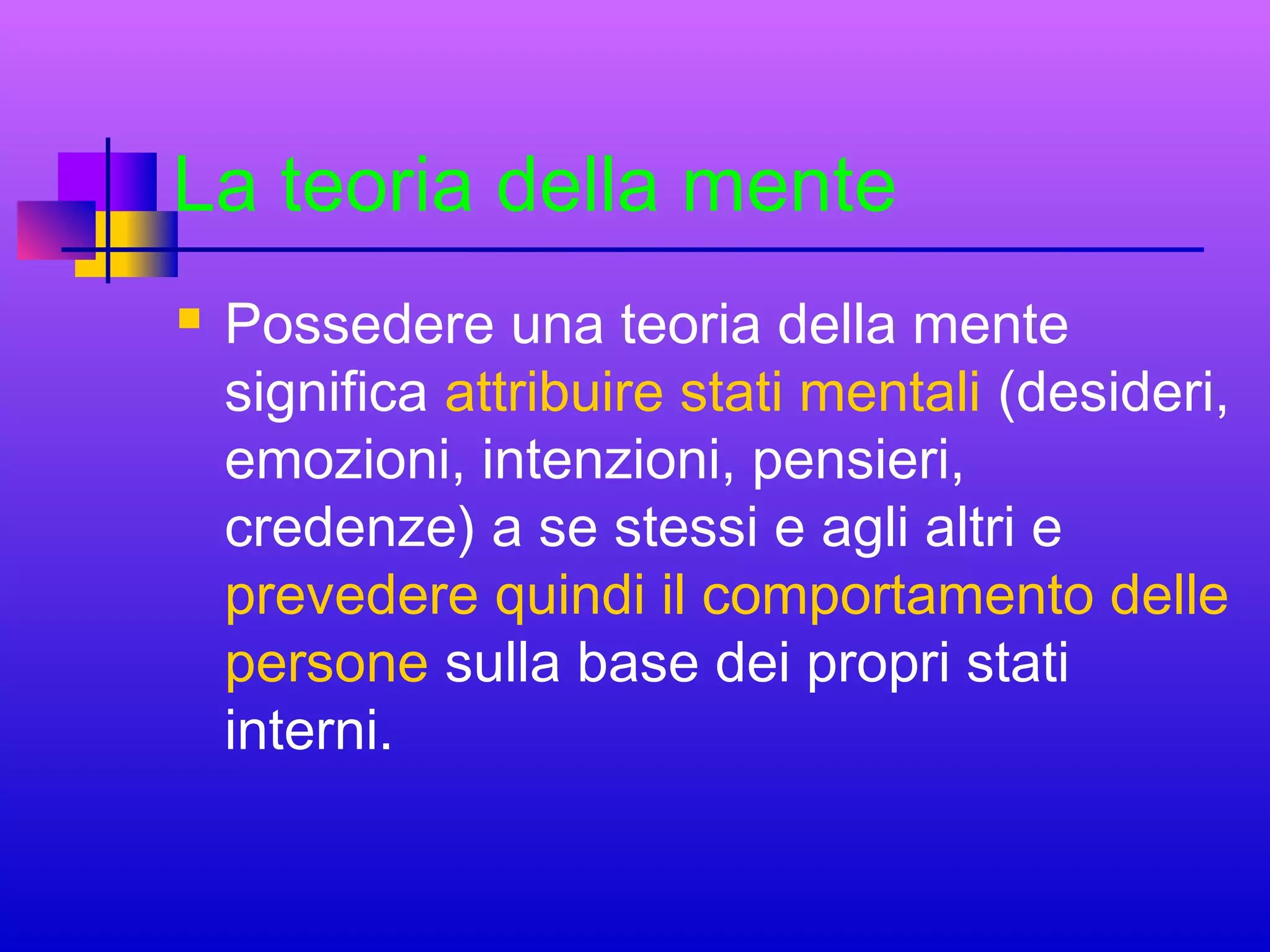 La teoria della mente


Possedere una teoria della mente
significa attribuire stati mentali (desideri,
emozioni, intenzioni, pensieri,
credenze) a se stessi e agli altri e
prevedere quindi il comportamento delle
persone sulla base dei propri stati
interni.

 