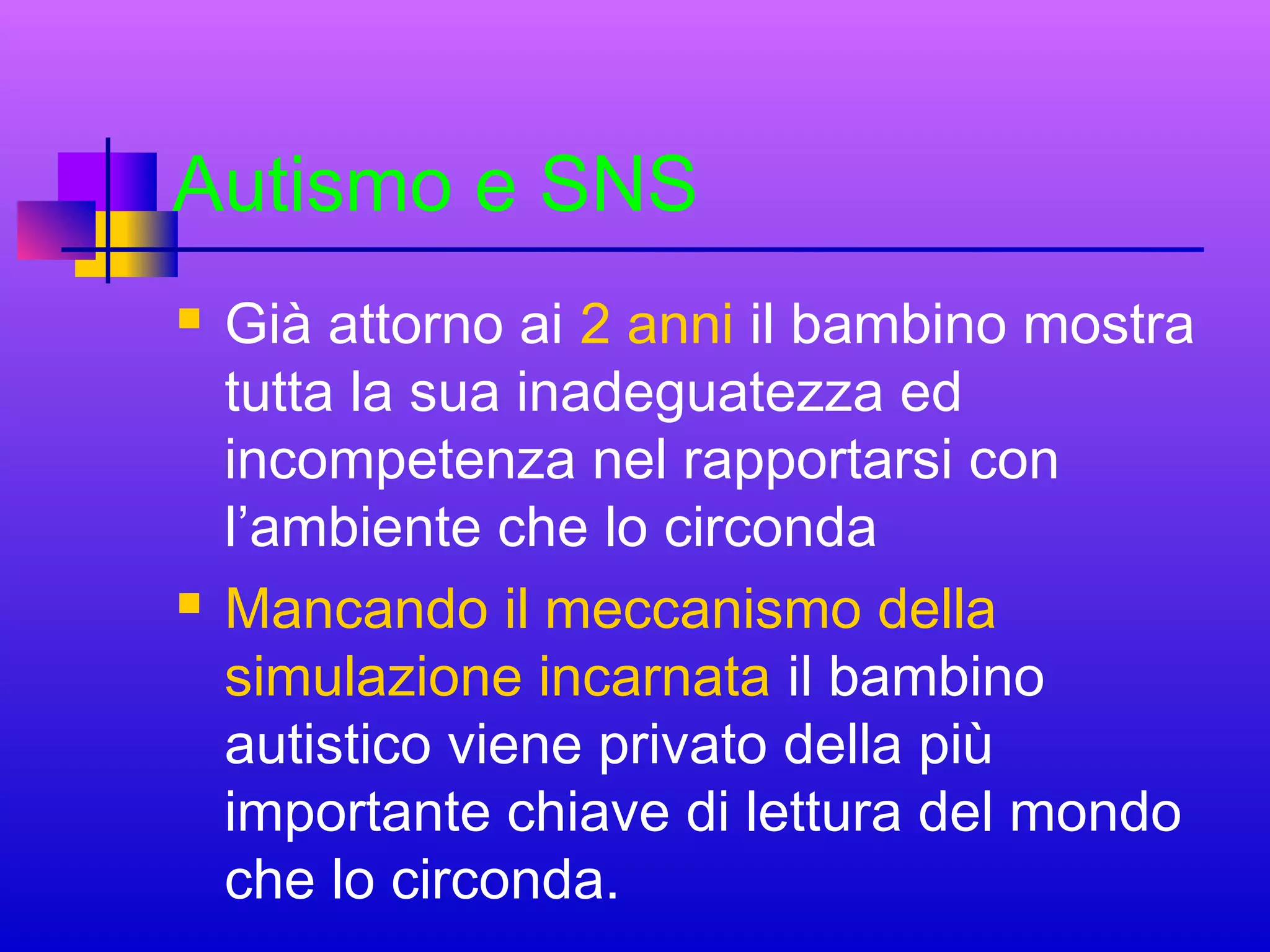Autismo e SNS




Già attorno ai 2 anni il bambino mostra
tutta la sua inadeguatezza ed
incompetenza nel rapportarsi con
l’ambiente che lo circonda
Mancando il meccanismo della
simulazione incarnata il bambino
autistico viene privato della più
importante chiave di lettura del mondo
che lo circonda.

 