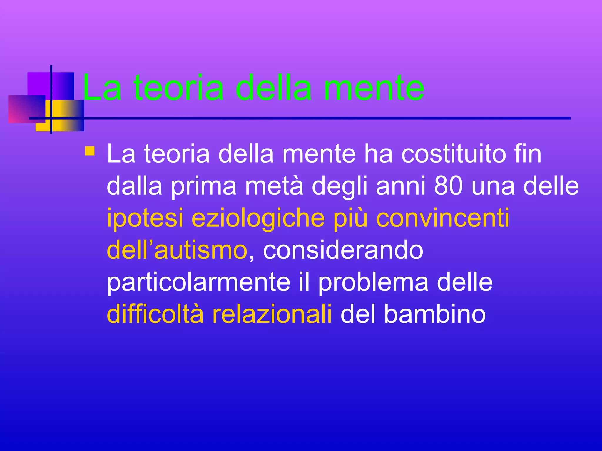 La teoria della mente


La teoria della mente ha costituito fin
dalla prima metà degli anni 80 una delle
ipotesi eziologiche più convincenti
dell’autismo, considerando
particolarmente il problema delle
difficoltà relazionali del bambino

 