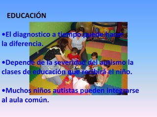 EDUCACIÓN

•El diagnostico a tiempo puede hacer
la diferencia.

•Depende de la severidad del autismo la
clases de educación que recibirá el niño.

•Muchos niños autistas pueden integrarse
al aula común.
 