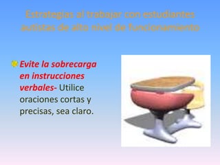 Estrategias al trabajar con estudiantes
autistas de alto nivel de funcionamiento


Evite la sobrecarga
en instrucciones
verbales- Utilice
oraciones cortas y
precisas, sea claro.
 