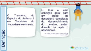 Definição
O TEA é uma
condição geral para
um grupo de
desordens complexas
do desenvolvimento
do cérebro, antes,
durante ou após o
nascimento.
Dr. José de Jesus Mari, (A&R e Instituto Pensi-SP)
/outubro de 2015
O Transtorno do
Espectro do Autismo é
um Transtorno do
Neurodesenvolvimento.
Prof. Diane Marli Lemes Pereira
Atendimento Educacional Especializado /SRM
 