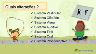  Sistema Vestibular
 Sistema Olfatório
 Sistema Visual
 Sistema Auditivo
 Sistema Tátil
 Sistema Oral
 Sistema Proprioceptivo
Prof. Diane Marli Lemes Pereira
Atendimento Educacional Especializado /SRM
Quais alterações ?
 