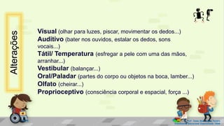 Visual (olhar para luzes, piscar, movimentar os dedos...)
Auditivo (bater nos ouvidos, estalar os dedos, sons
vocais...)
Tátil/ Temperatura (esfregar a pele com uma das mãos,
arranhar...)
Vestibular (balançar...)
Oral/Paladar (partes do corpo ou objetos na boca, lamber...)
Olfato (cheirar...)
Proprioceptivo (consciência corporal e espacial, força ...)
Prof. Diane Marli Lemes Pereira
Atendimento Educacional Especializado /SRM
Alterações
 