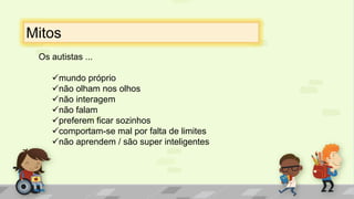 Mitos
Os autistas ...
mundo próprio
não olham nos olhos
não interagem
não falam
preferem ficar sozinhos
comportam-se mal por falta de limites
não aprendem / são super inteligentes
 