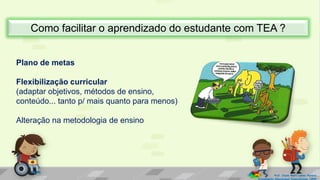 Plano de metas
Flexibilização curricular
(adaptar objetivos, métodos de ensino,
conteúdo... tanto p/ mais quanto para menos)
Alteração na metodologia de ensino
Como facilitar o aprendizado do estudante com TEA ?
Prof. Diane Marli Lemes Pereira
Atendimento Educacional Especializado /SRM
 