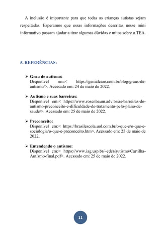 11
A inclusão é importante para que todas as crianças autistas sejam
respeitadas. Esperamos que essas informações descritas nesse mini
informativo possam ajudar a tirar algumas dúvidas e mitos sobre o TEA.
5. REFERÊNCIAS:
➢ Grau de autismo:
Disponível em:< https://genialcare.com.br/blog/graus-de-
autismo/>. Acessado em: 24 de maio de 2022.
➢ Autismo e suas barreiras:
Disponível em:< https://www.rosenbaum.adv.br/as-barreiras-do-
autismo-preconceito-e-dificuldade-de-tratamento-pelo-plano-de-
saude/>. Acessado em: 25 de maio de 2022.
➢ Preconceito:
Disponível em:< https://brasilescola.uol.com.br/o-que-e/o-que-e-
sociologia/o-que-e-preconceito.htm>. Acessado em: 25 de maio de
2022.
➢ Entendendo o autismo:
Disponível em:< https://www.iag.usp.br/~eder/autismo/Cartilha-
Autismo-final.pdf>. Acessado em: 25 de maio de 2022.
 