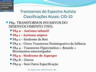 Transtornos do Espectro Autista
Classificações Atuais: CID-10
F84- TRANSTORNOS INVASIVOS DO
DESENVOLVIMENTO (TID):
F84-0 – Autismo infantil
F84-1 – Autismo atípico
F84-2 – Síndrome de Rett
F84-3 – Outro Transtorno Desintegrativo da Infância
F84-4 – Transtorno Hipercinético + Retardo +
Movimentos estereotipados
F84-5 – Síndrome de Asperger
F84-8 – Outros
F84-9 – Sem Outra Especificação
Dr. Cláudio Costa - Belo Horizonte - MG
 