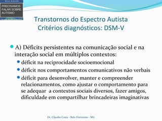 Transtornos do Espectro Autista
Critérios diagnósticos: DSM-V
A) Déficits persistentes na comunicação social e na
interação social em múltiplos contextos:
déficit na reciprocidade socioemocional
déficit nos comportamentos comunicativos não verbais
déficit para desenvolver, manter e compreender
relacionamentos, como ajustar o comportamento para
se adequar a contextos sociais diversos, fazer amigos,
dificuldade em compartilhar brincadeiras imaginativas
Dr. Cláudio Costa - Belo Horizonte - MG
 