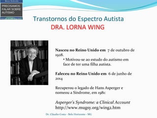 Transtornos do Espectro Autista
DRA. LORNA WING
Nasceu no Reino Unido em 7 de outubro de
1928.
• Motivou-se ao estudo do autismo em
face de ter uma filha autista.
Faleceu no Reino Unido em 6 de junho de
2014
Recuperou o legado de Hans Asperger e
nomeou a Síndrome, em 1981:
Asperger's Syndrome: a Clinical Account
http://www.mugsy.org/wing2.htm
Dr. Cláudio Costa - Belo Horizonte - MG
 