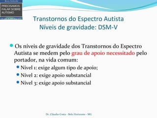 Transtornos do Espectro Autista
Níveis de gravidade: DSM-V
Os níveis de gravidade dos Transtornos do Espectro
Autista se medem pelo grau de apoio necessitado pelo
portador, na vida comum:
Nível 1: exige algum tipo de apoio;
Nível 2: exige apoio substancial
Nível 3: exige apoio substancial
Dr. Cláudio Costa - Belo Horizonte - MG
 